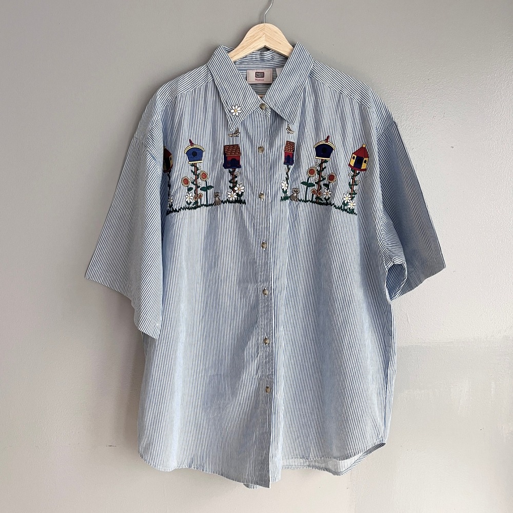 Faded Glory Womens Striped‎ Birdhouse Cats Embroidered Shirt Short Sleeve 24W